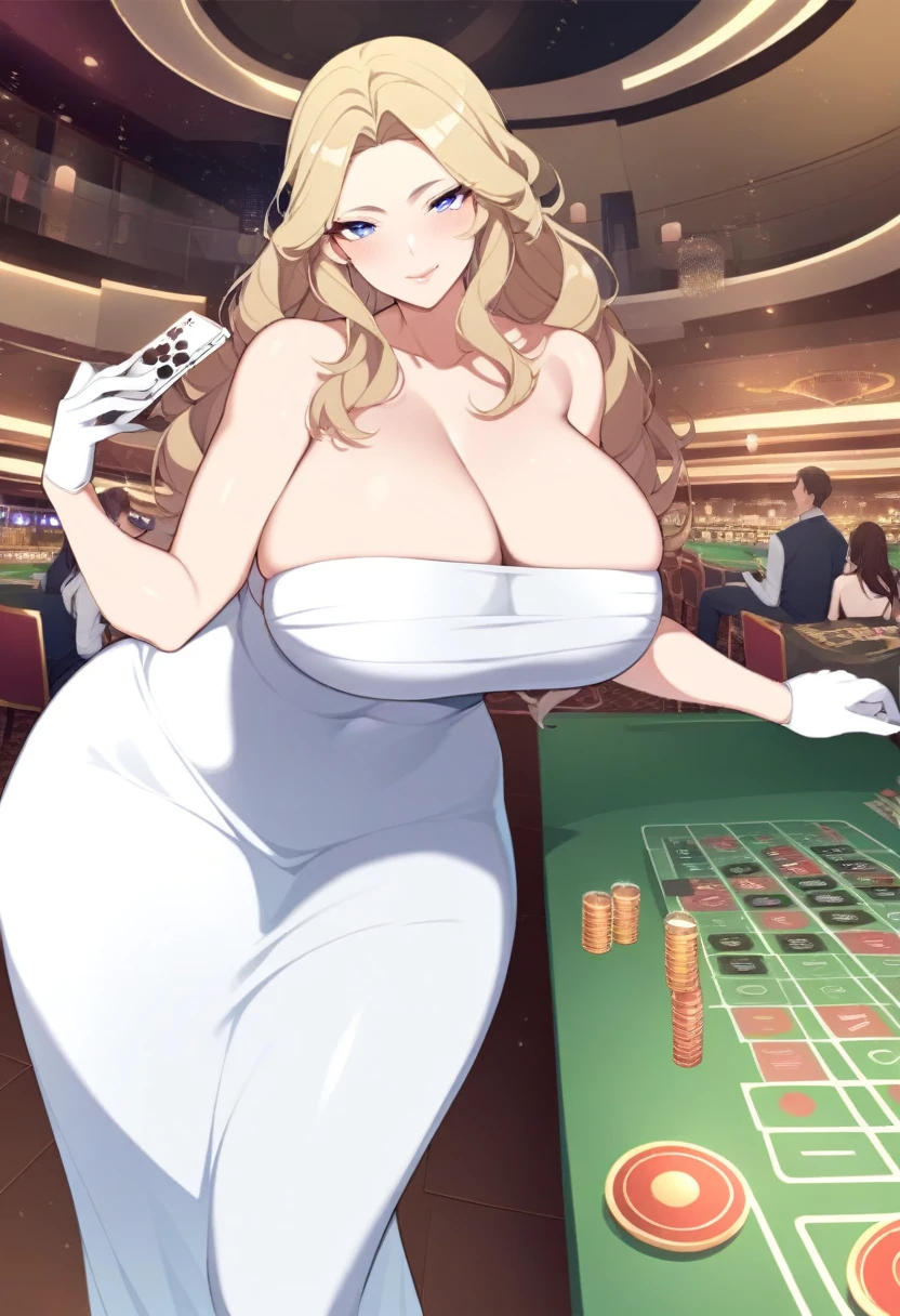 1girl, mature female, milf, motherly, huge breasts, wide hips, curvy, wavy hair, long hair, blonde hair, double-parted bangs, blue eyes, lips, tube dress, strapless, bare shoulders, long dress, white dress, long dress, white high heels, solo, cowboy shot, casino, indoors, standing, looking at viewer, seductive smile