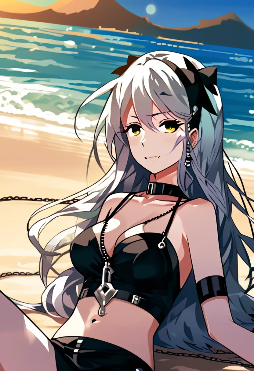 The image shows an anime character at a beach, lying in the water. She has long, half black and half white hair,and is wearing a revealing black bikini with chains and straps, the background has gentle waves, sand and a police line tape, giving a playful and edgy vibe