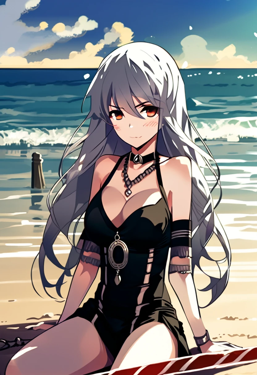 The image shows an anime character at a beach, lying in the water. She has long, half black and half white hair,and is wearing a revealing black bikini with chains and straps, the background has gentle waves, sand and a police line tape, giving a playful and edgy vibe