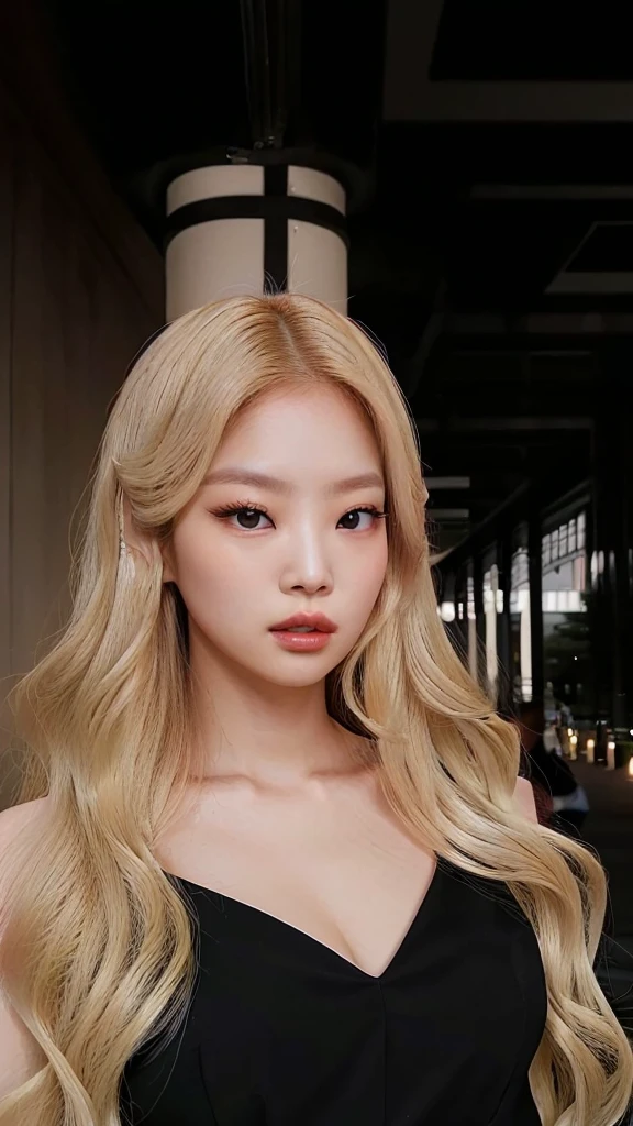 a close-up of a woman with long blonde hair wearing a black dress, parque roseanne de blackpink, maquiagem sul-korean popular, maquiagem korean popular, jossi do blackpink,  korean, linda mulher sul-korean, jennie blackpink, portrait of jossi do blackpink, Jinyoung Shin, adorable and pale korean face, linda jovem korean, linda jovem korean, heonhwa choe