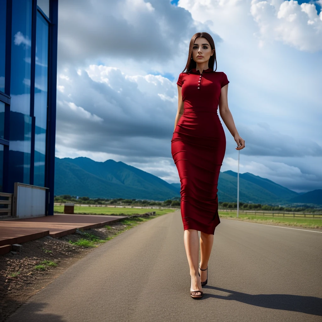 Woman standing, walking alone, best possible quality, full body photo, usando vestido ou saia realisitic, 4k quality, realisitic, as much detail as possible
