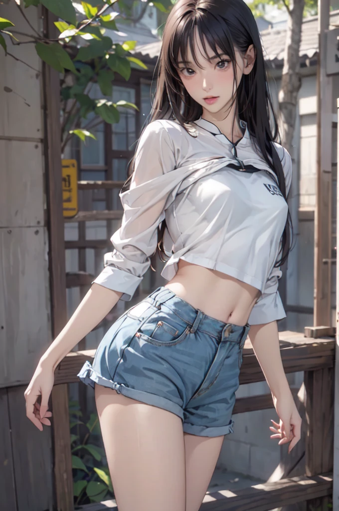 ((masterpiece, best quality)),((high resolution:1.3)), 1 Girl, solo, Cowboy Shot, Blurred Background, (((Small breasts))), Thighs, (underwear), ((lift Shirts:1.3)), Off shoulder