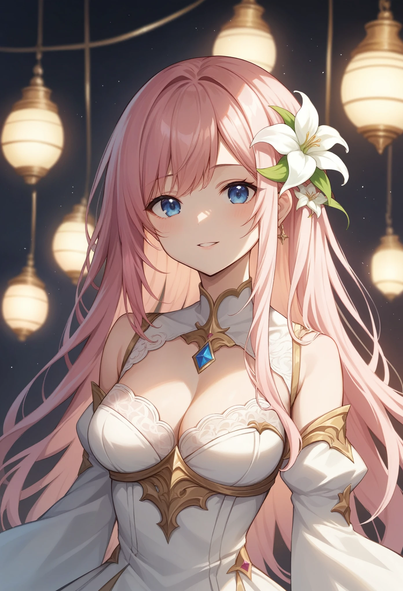 ((Highest quality)), ((masterpiece)), (detailed), ((Perfect Face)), lillia, One Girl、Pink long hair、blue eyes、White dress with black lace、large pink ribbon on the chest, A white flower hair ornament around the right ear、Tanabata、Lantern、Lots of lights