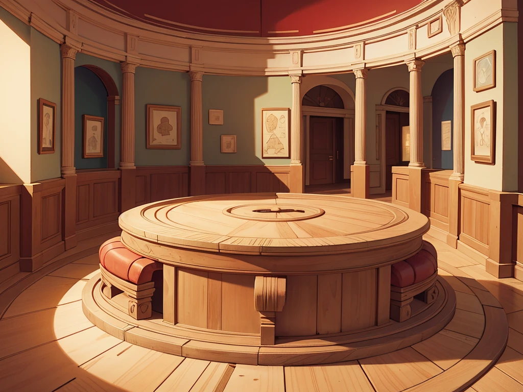 A entire historical museum map in the style of among us, a round room in the middle including a ruby, connected corridors, top down view