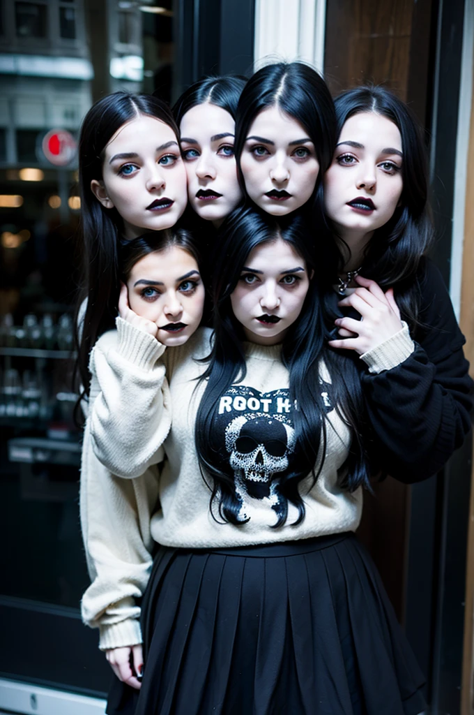 2heads, three headed goth girl, age 19, slightly chubby, black sweater, black skirt, pale skin,