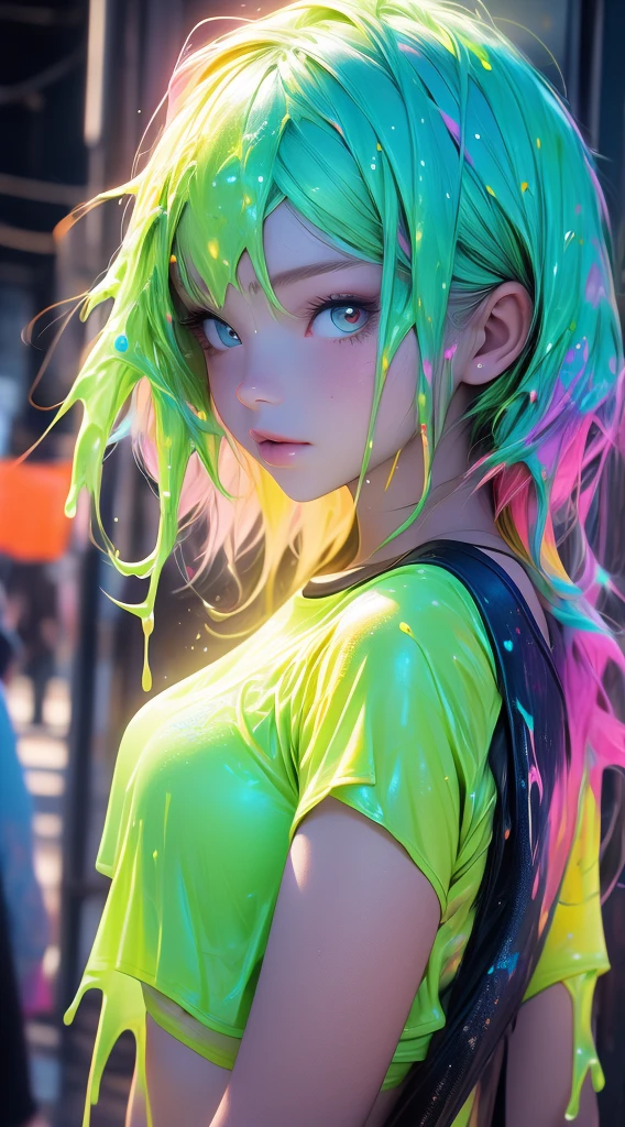 (Paint splashes),colorful nipples,The color of the glow,lamplight,the girl,Look at the camera,Slime Gir,big round eyes, Cutes, sexy pose, nude body