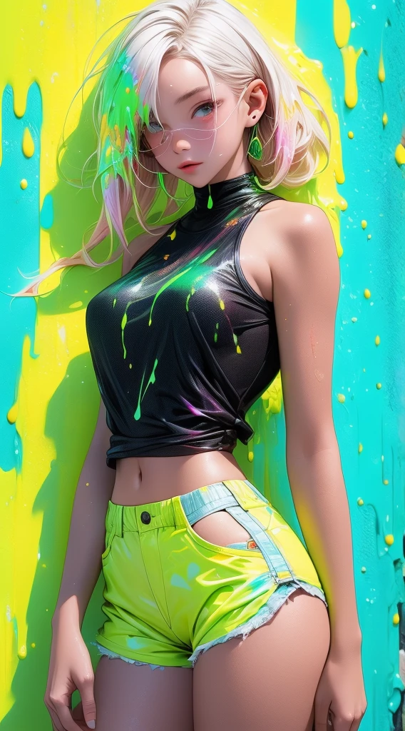 Chica YouTuber,(((1 girl))),((extremely Beautiful and beautiful green curly-haired girl)), (short breasts:1.4),(((green curly hair:1.35,very curly hair,colored inner hair,ear breathing,short hair))),(((green eyes:1.3))),intricate eyes,beautiful detailed eyes,symmetrical eyes,((gordo)),(((shiny skin:1.5,shiny skin: 1.5,tanned skin,shiny skin,very shiny skin,shiny body,plastic glitter skin,exaggerated shiny skin,illuminated skin,wet legs))),Delicate and detailed fingers,detailed body,human hands,(detailed face), Beautiful,horny,seductive,Erotic,(((NSFW))), The Great Passage,revealing clothing,show skin,((rave mini skirt,visible thong straps,loose white sleeveless t-shirt with pop art print)),((wet clothes,intricate costume,intricate clothing)), (dynamic pose:1.0),ashamed,(centered,Scale to fit dimensions,rule of thirds), cyberpunk city by the ocean at night, with bright neon signs and dark stormy clouds and puddles, scenery:1.25,(cyberpunk:1.4), unreal engine:1.4,HD,La Best Quality:1.4, photorealistic:1.4, skin texture:1.4, masterpiece:1.8,High resolution, sharp focus, (ultra detailed, extremely detailed), (obra de arte photorealistic:1.37),(extremely detailed CG unity 8k wallpaper),((synthwave background theme)),(((vibrant colors))),(intricate background),(masterpiece),(Best Quality),