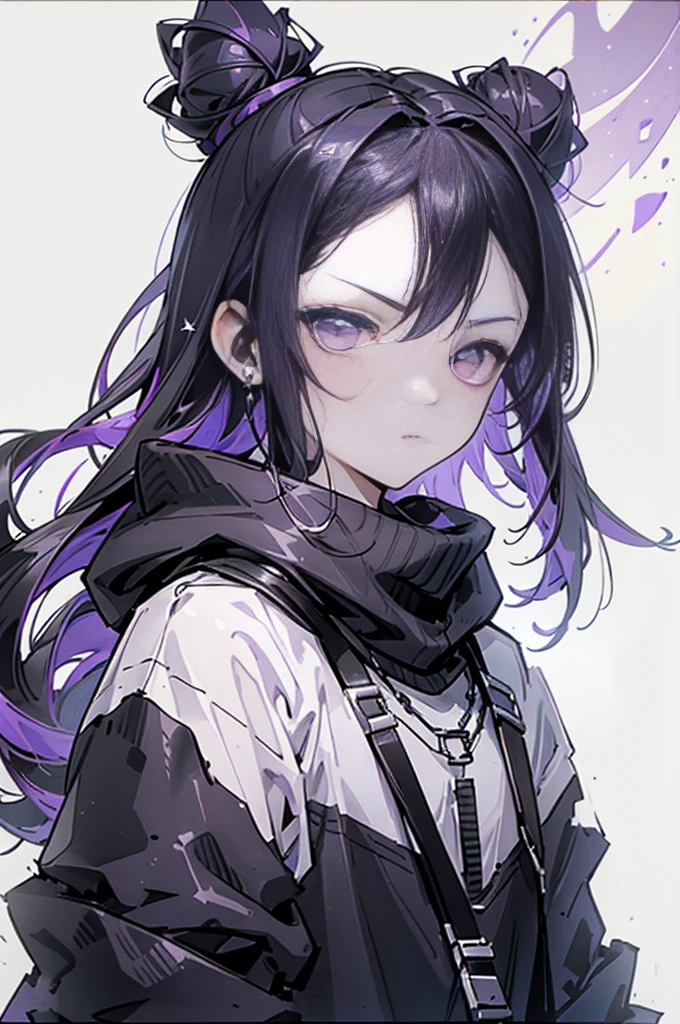 boy. thoughtful look. open forehead. black and purple hair tied in a bun on the left side to one side. sinuous black horns wrapped in dark purple ribbon. pale violet eyes. in short dark purple shorts. long white T-shirt. dark purple knee-high socks. dark purple long cloak with hood. view from the 100th floor of a cozy room in shades of gray, moon, starry sky