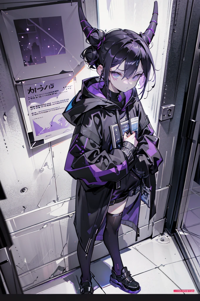boy. thoughtful look. open forehead. black and purple hair tied in a bun on the left side to one side. sinuous black horns wrapped in dark purple ribbon. pale violet eyes. in short dark purple shorts. long white T-shirt. dark purple knee-high socks. dark purple long cloak with hood. view from the 100th floor of a cozy room in shades of gray, moon, starry sky