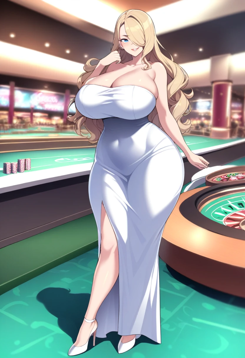 1girl, mature female, milf, motherly, huge breasts, wide hips, curvy, wavy hair, long hair, blonde hair, parted bangs, hair over one eye, blue eyes, lips, tube dress, strapless, bare shoulders, long dress, white dress, long dress, white high heels, solo, cowboy shot, casino, indoors, standing, looking at viewer, seductive smile