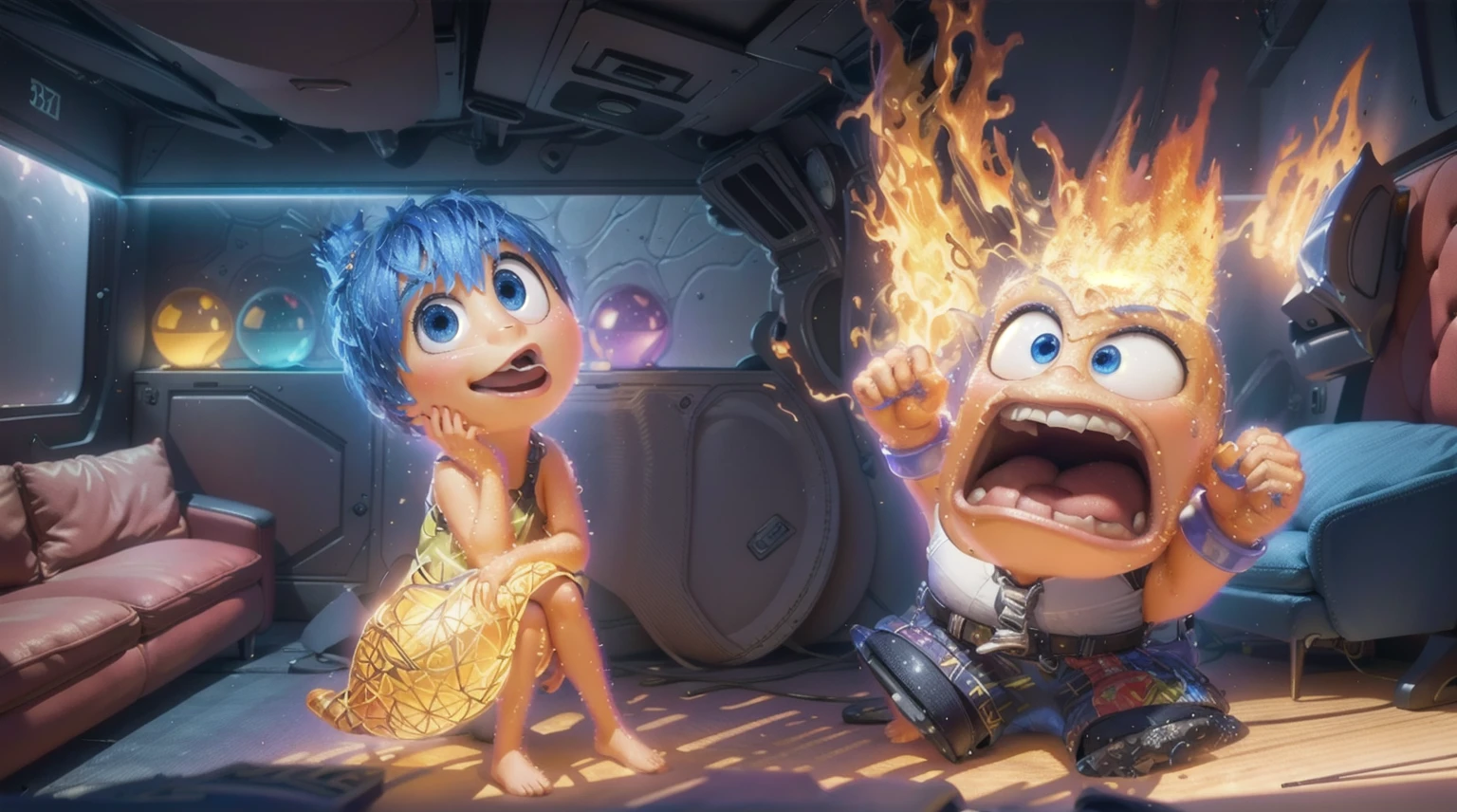  the image shows a room with no ceiling, with character Joy from Inside Out and Anger, a sofa and an armchair in the center of the room,with the colorful balls on shelves, the walls on the right side are destroyed and burning with fire, smooth 3d model, glossy plastic texture, multiple light sources, rim light, sharp post effects render, most beautiful vfx, , realistic, 4k, high resolution, rim light, smooth 3d model. ,  glossy texture, smooth 3d model, multiple light sources, rim light, sharp post effects render, (glossy plastic texture with multiple big light probe refractions), perfect cgi,   reflective, best quality, 4k, masterpiece:1.2, ultra-detailed, realistic, vivid colors, The image of the highest quality, ensuring every detail showcased perfectly. It in 4k resolution, allowing viewers to immerse themselves in the richness of the colors and intricate details. The realistic rendering. under the spotlight, reflecting, high-resolution image, realistic rendering