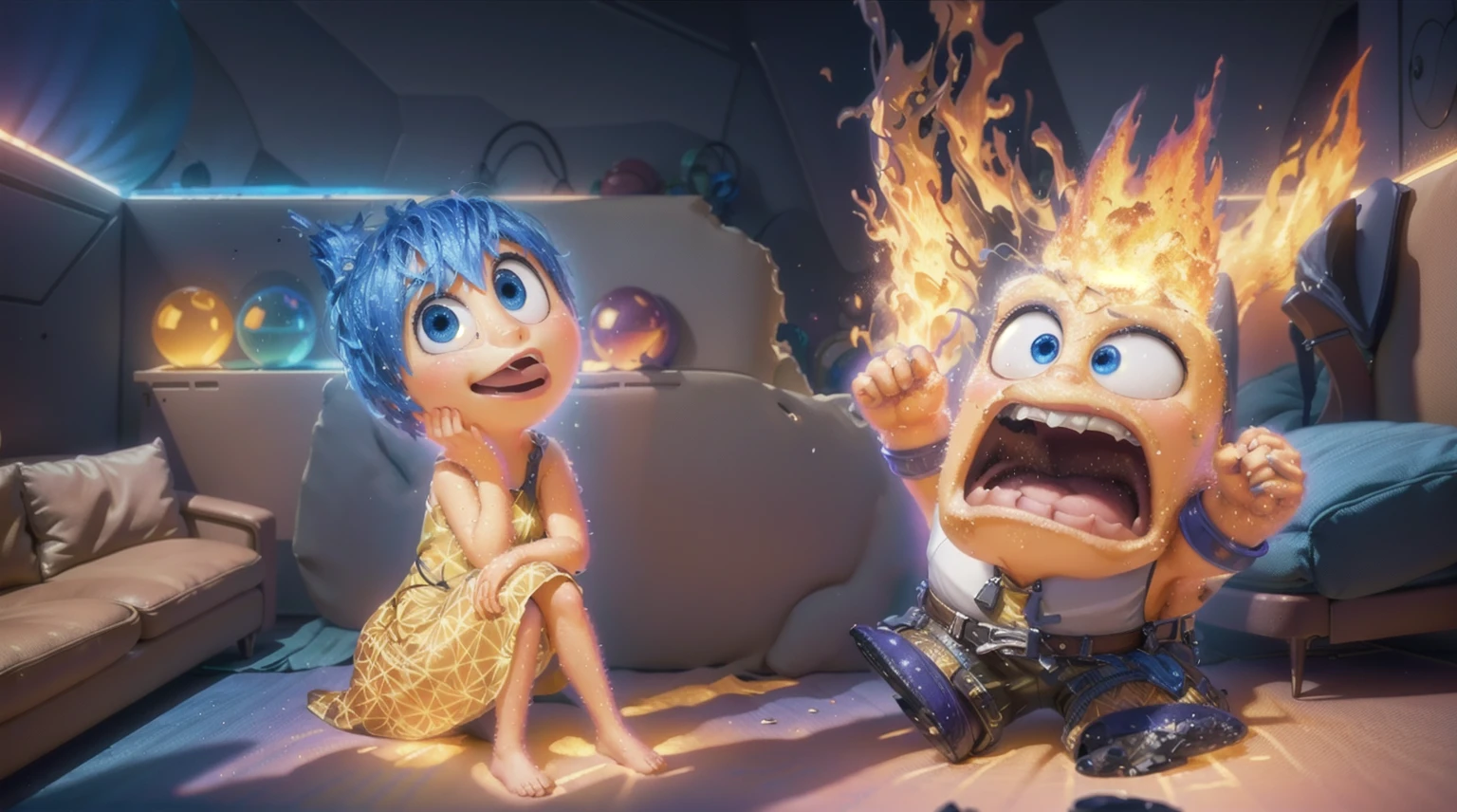  the image shows a room with no ceiling, with character Joy from Inside Out and Anger, a sofa and an armchair in the center of the room,with the colorful balls on shelves, the walls on the right side are destroyed and burning with fire, smooth 3d model, glossy plastic texture, multiple light sources, rim light, sharp post effects render, most beautiful vfx, , realistic, 4k, high resolution, rim light, smooth 3d model. ,  glossy texture, smooth 3d model, multiple light sources, rim light, sharp post effects render, (glossy plastic texture with multiple big light probe refractions), perfect cgi,   reflective, best quality, 4k, masterpiece:1.2, ultra-detailed, realistic, vivid colors, The image of the highest quality, ensuring every detail showcased perfectly. It in 4k resolution, allowing viewers to immerse themselves in the richness of the colors and intricate details. The realistic rendering. under the spotlight, reflecting, high-resolution image, realistic rendering