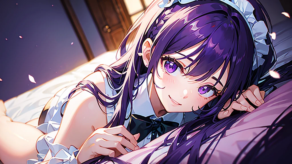 1girl, purple hair, purple eyes, light smile, wearing maid costume, close portrait, close, high res, ultrasharp, 8K, masterpiece, looking at viewer, delicate poses, in light pink bed, warm light, cute background, confident, ultra detailed, best quality, beautiful,lovestruck expression, high detail textures, high detail eyes, bright colors,landscape,