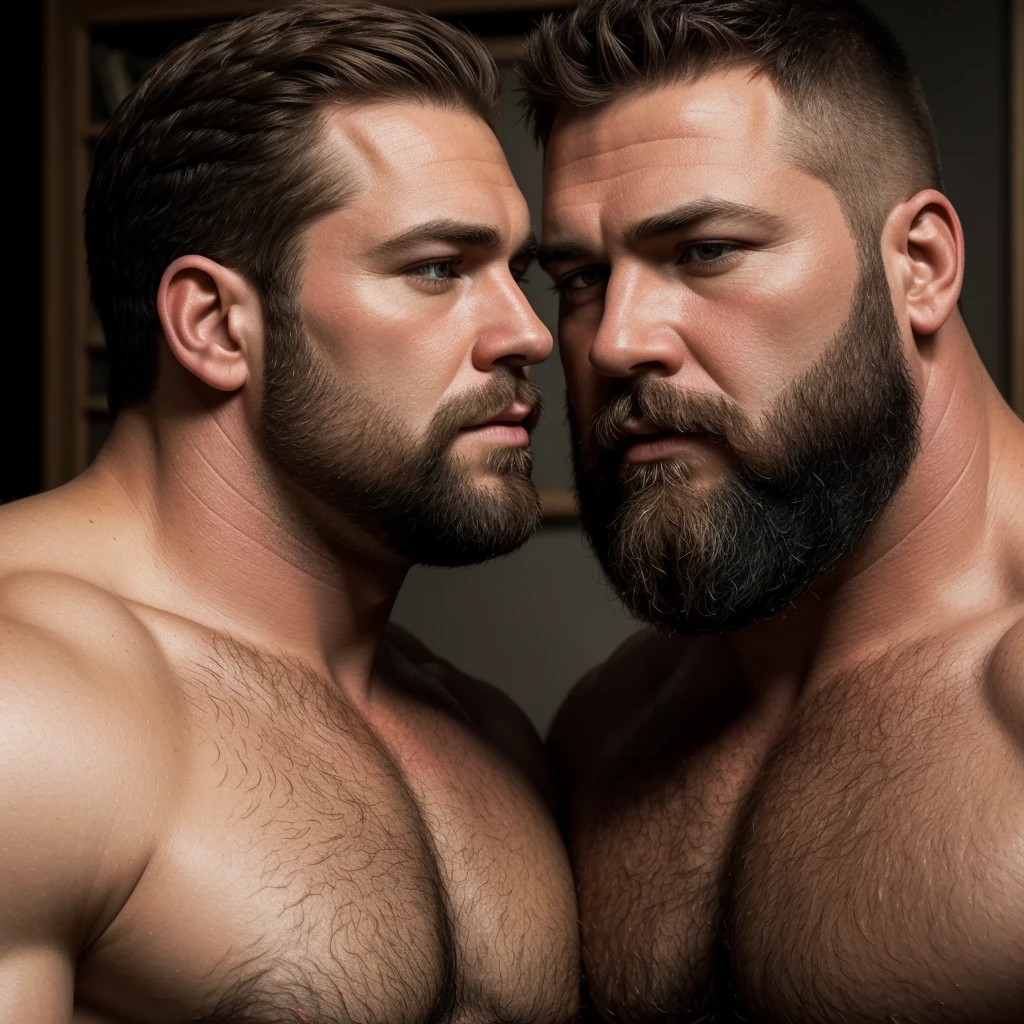 8KUHD Very Realistic Very Detailed High Quality Create a professional studio-style photograph featuring two middle-aged, burly, hairy, beared big daddy bear, and very realistic detailed rugged burly man and his husband in shorts. beards, very realistic hair, very realistic beards, very realistic thick chubby neck, very realistic neck lines, very realistic belly, very realistic burly chest, very realistic burly strong chest and arms, very realistic detailed hairy burly chest and arms, very realistic pecs, very realistic burly body, very realistic nipples, very realistic burly body, very realistic face, very realistic eyes, very realistic nose, very realistic ears, very realistic facial features, very realistic burly arms, very realistic elbows, very realistic hands, very realistic wrists, very realistic fingers, very realistic fingernails, very realistic shoulders, very realistic mouth, very realistic lips, very realistic detailed skin, very realistic skin, very realistic mens clothing, very realistic detailed mens clothing. A very realistic man and his husband are kissing each other, very realistically kissing each other, in a very realistic romantic and virile scene. Very Realistic Intricately Detailed, Utilize all appropriate lighting techniques for studio photography. The background should be black." No Deformities, HDR