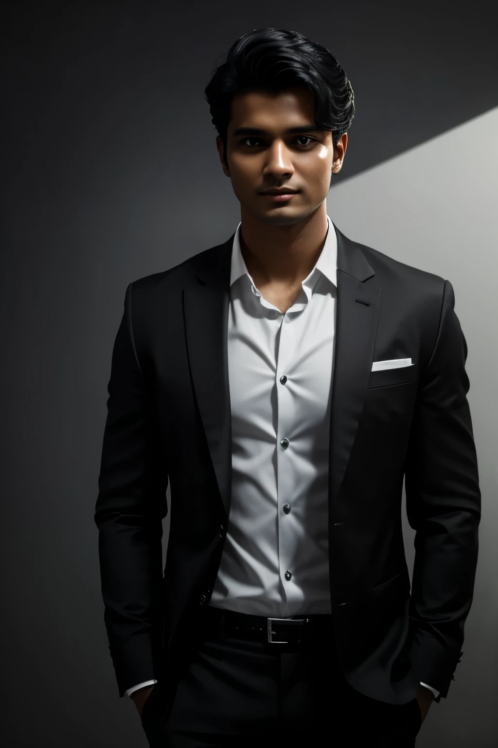 in a dark studio, young man site heroically, dressed in a black blazer and white shirt. cinematic lighting cats a light shadow on his face, giving a professional corporate look. similar to a LinkedIn in business profile photo. formal corporate profile picture, solid great dark background, Bangladeshi, age: 22. cute hairstyle, black hair, urban look