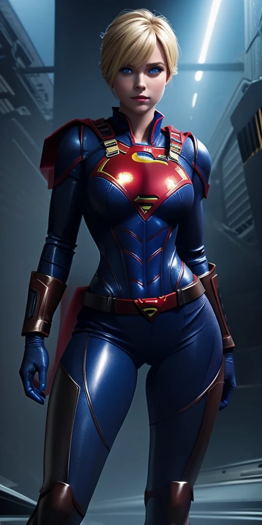 The character Supergirl, rubberized black costume, shiny blue eyes, beautiful blond hair,