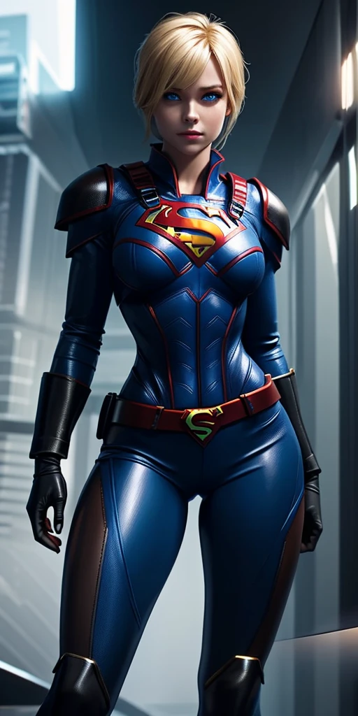 The character Supergirl, rubberized black costume, shiny blue eyes, beautiful blond hair, 