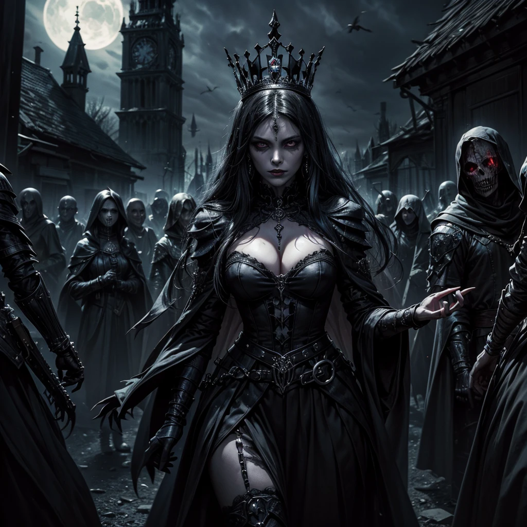 A dark and mysterious queen is surrounded by the undead people in the middle of a gothic village, both male and female undead are in an attitude of submission to the queen