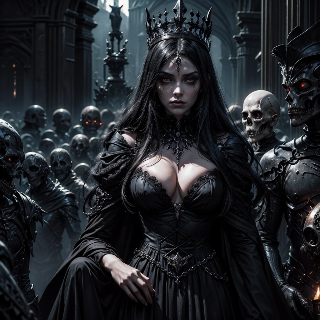 A dark and mysterious queen is surrounded by the undead people in the middle of a gothic village, both male and female undead are in an attitude of submission to the queen