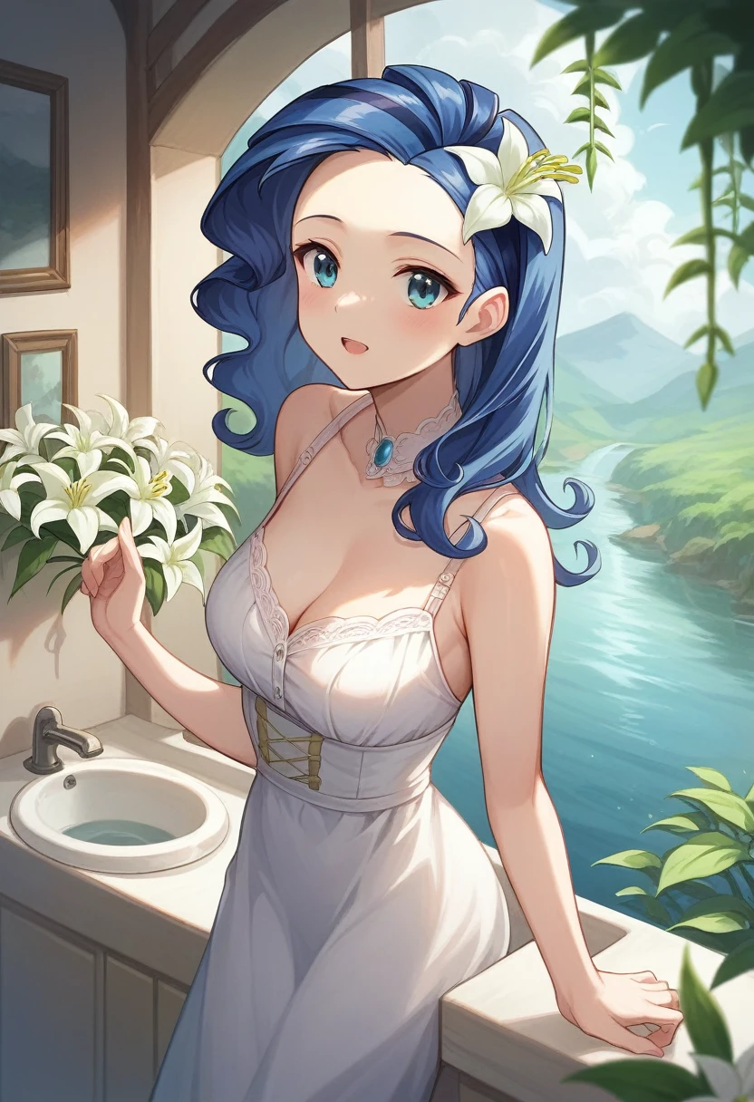 ((Highest quality)), ((masterpiece)), (detailed), ((Perfect Face)), lillia, One Girl、Pink long hair、blue eyes、White dress with black lace、large pink ribbon on the chest, A white flower hair ornament around the right ear、Tanabata、Lantern sink、River at night、milky way、