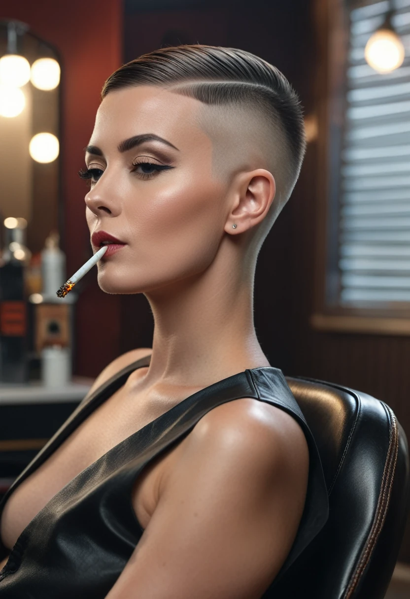 a stunning 30 year old woman with a super short buzzcut with a medium fade undercut and a side shave sitting in a barberchair and smoking a cigarette, photorealistic, hyperrealistic, 8k, uhd, high detail, masterpiece, film grain