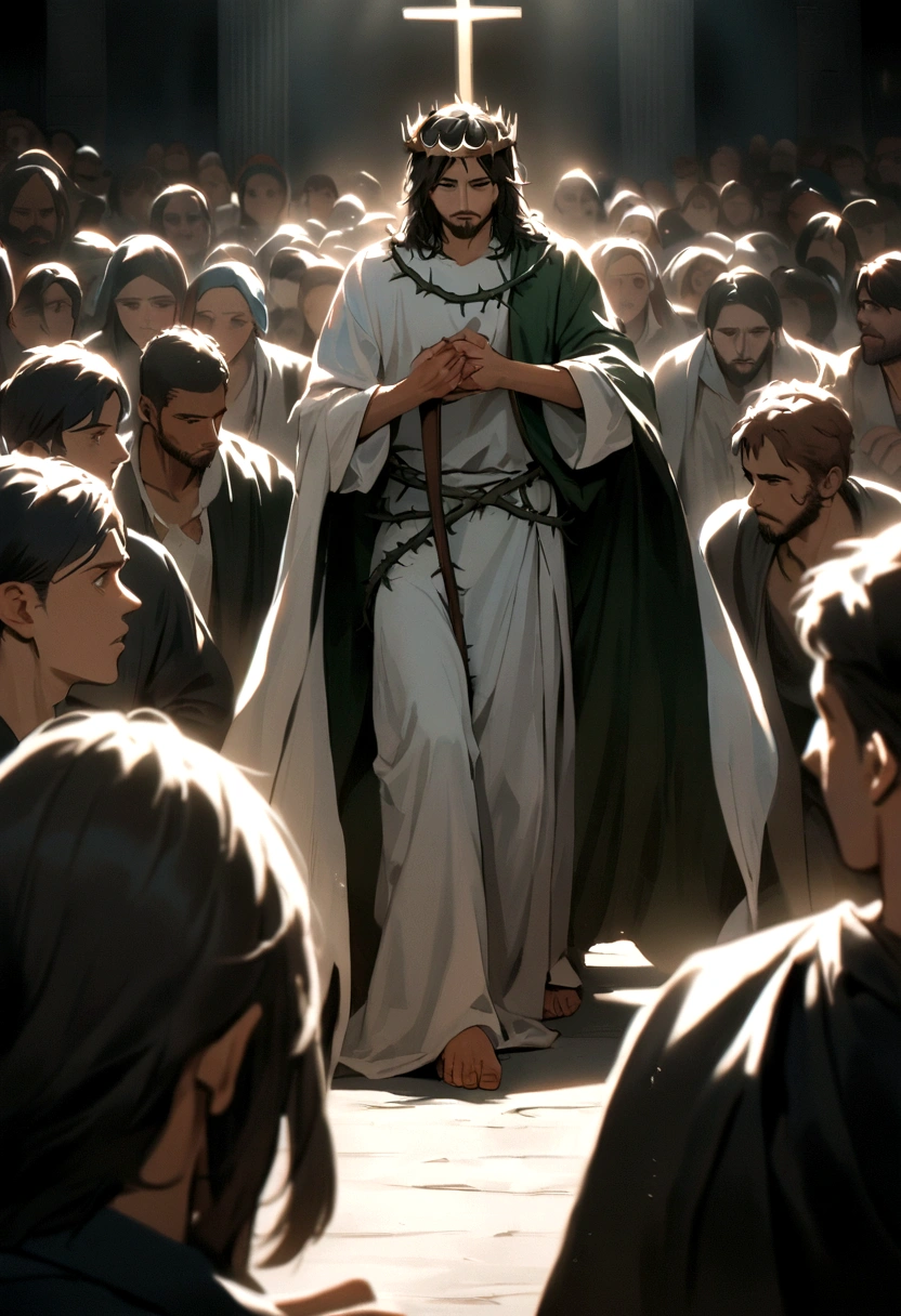 Jesus carrying his cross , his robes are torn, he wears a crown of thorns, He's in the crowd, Sacred art
