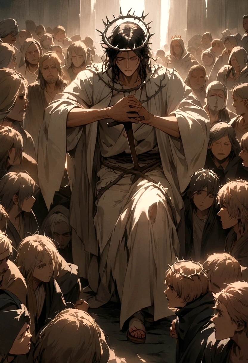 Jesus carrying his cross , his robes are torn, he wears a crown of thorns, He's in the crowd, Sacred art