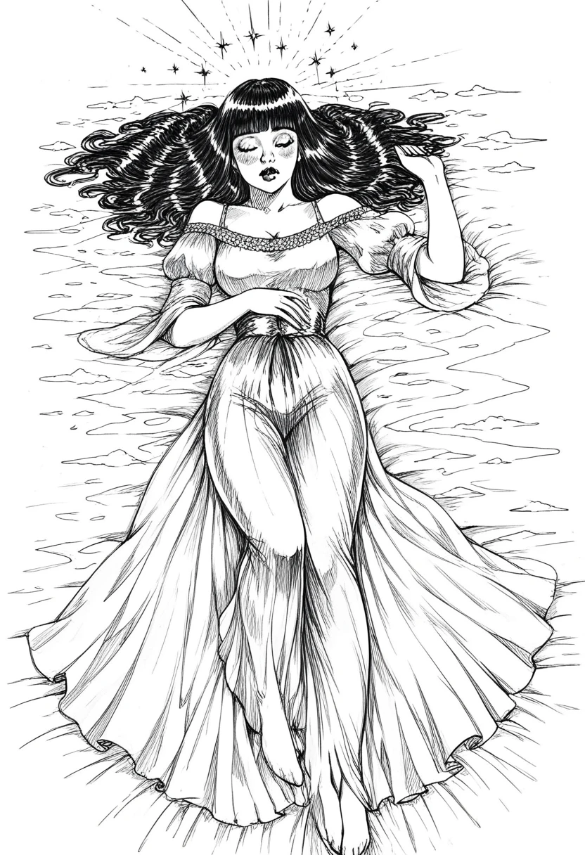 score_9, score_8_up, score_7_up, 1girl, sp1t, abundant detailed hatching shading, monochrome,best quality, high resolution, detaikled background, blunt bangs, straight hair, hime cut, a princess, long dress, laying on back, bed