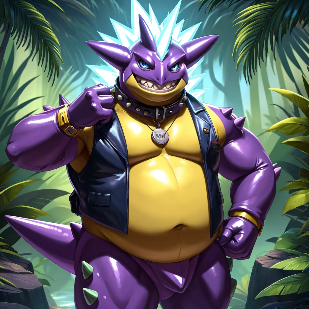 Solo, Male, fat, extremely obese, gentleman, dapper Professor Toxtricity, blue eyes, (posing:1.3), (soft shading), 4k, hi res, ((detailed face, detailed)), looking at viewer, evil grin, jungle, forest, collared shirt with buttons, top hat, male focus, Explorer Outfit, glasses, monocle, bag, vest with buttons, backpack, sleeves rolled up, round eyewear, brown headwear, brown vest, Toxtricity is wearing a glossy leather dog collar around the neck, Toxtricity is wearing the leather collar and shirt and vest at the same time, Toxtricity is wearing glossy white rubber gloves on the hands, wearing white rubber gloves on the feet, Toxtricity is wearing glossy white cuffs around the wrists with cufflinks, gloves are rubber in texture, clenching teeth, clenching fists, leather collar is glossy and shiny with a lot of detail, Toxtricity is wearing gloves and cuffs and cufflinks at the same time, leather collar has a round dog-tag, leather collar is thick and detailed.