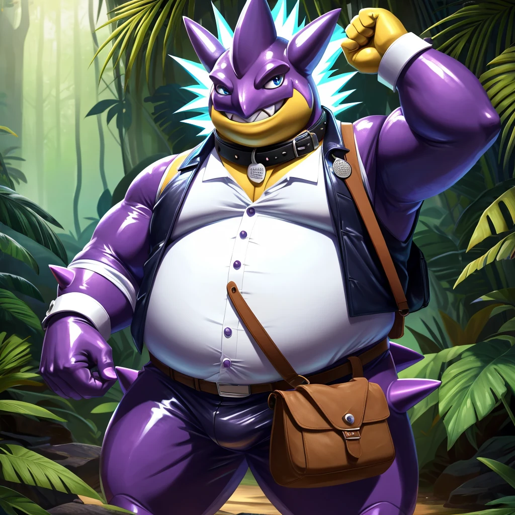Solo, Male, fat, extremely obese, gentleman, dapper Professor Toxtricity, blue eyes, (posing:1.3), (soft shading), 4k, hi res, ((detailed face, detailed)), looking at viewer, evil grin, jungle, forest, collared shirt with buttons, top hat, male focus, Explorer Outfit, glasses, monocle, bag, vest with buttons, backpack, sleeves rolled up, round eyewear, brown headwear, brown vest, Toxtricity is wearing a glossy leather dog collar around the neck, Toxtricity is wearing the leather collar and shirt and vest at the same time, Toxtricity is wearing glossy white rubber gloves on the hands, wearing white rubber gloves on the feet, Toxtricity is wearing glossy white cuffs around the wrists with cufflinks, gloves are rubber in texture, clenching teeth, clenching fists, leather collar is glossy and shiny with a lot of detail, Toxtricity is wearing gloves and cuffs and cufflinks at the same time, leather collar has a round dog-tag, leather collar is thick and detailed.