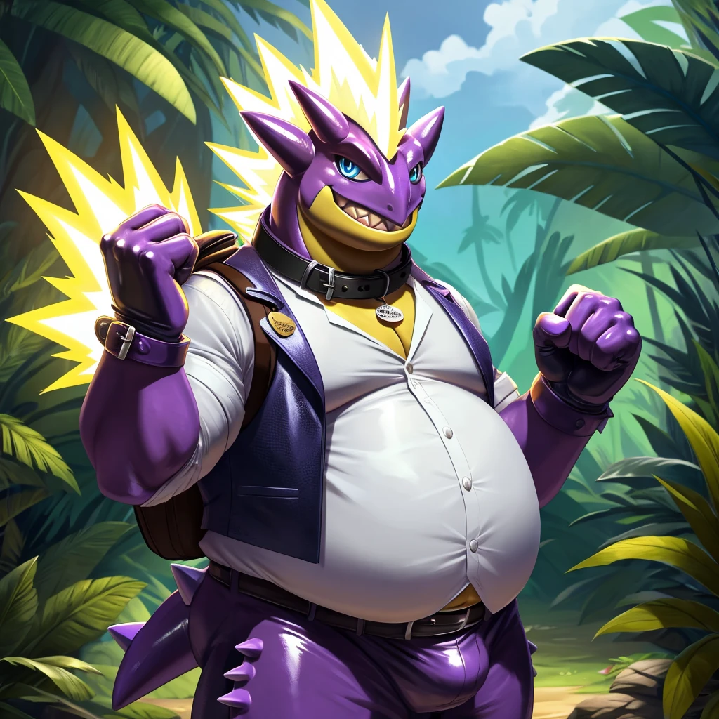 Solo, Male, fat, extremely obese, gentleman, dapper Professor Toxtricity, blue eyes, (posing:1.3), (soft shading), 4k, hi res, ((detailed face, detailed)), looking at viewer, evil grin, jungle, forest, collared shirt with buttons, top hat, male focus, Explorer Outfit, glasses, monocle, bag, vest with buttons, backpack, sleeves rolled up, round eyewear, brown headwear, brown vest, Toxtricity is wearing a glossy leather dog collar around the neck, Toxtricity is wearing the leather collar and shirt and vest at the same time, Toxtricity is wearing glossy white rubber gloves on the hands, wearing white rubber gloves on the feet, Toxtricity is wearing glossy white cuffs around the wrists with cufflinks, gloves are rubber in texture, clenching teeth, clenching fists, leather collar is glossy and shiny with a lot of detail, Toxtricity is wearing gloves and cuffs and cufflinks at the same time, leather collar has a round dog-tag, leather collar is thick and detailed.