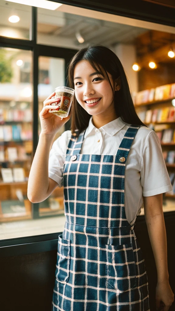 Film photography of a 20 year old woman with an Indonesian face, long black shoulder length hair wearing a checkered pinafore, with a happy expression, the woman is standing holding a glass of Coca Cola with her left hand, while her right hand is holding a box of popcorn, in the background of a bookstore in where several books and other items are displayed in the glass window. Sunlight shines from the right of the photo, creating interesting shadows and contrast, (warm hue, warm tone) bokeh, professional color gradient, shot by Sony a6700, sigma 23mm lens (35mm FFeqf), mist filter 1/4