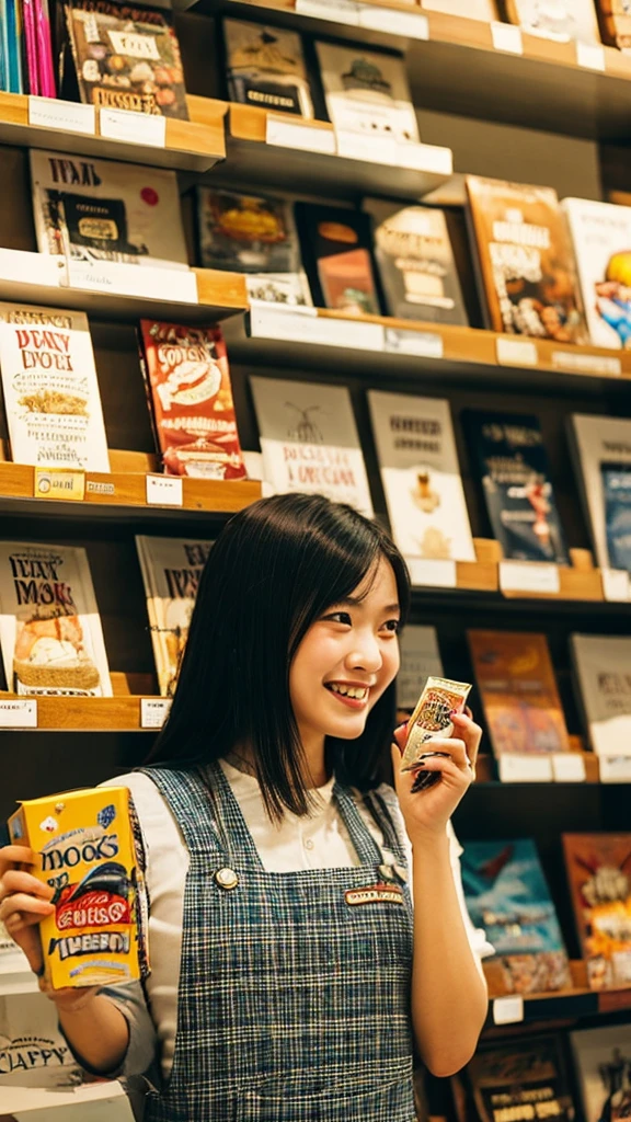 Film photography of a 20 year old woman with an Indonesian face, long black shoulder length hair wearing a checkered pinafore, with a happy expression, the woman is standing holding a glass of Coca Cola with her left hand, while her right hand is holding a box of popcorn, in the background of a bookstore in where several books and other items are displayed in the glass window. Sunlight shines from the right of the photo, creating interesting shadows and contrast, (warm hue, warm tone) bokeh, professional color gradient, shot by Sony a6700, sigma 23mm lens (35mm FFeqf), mist filter 1/4