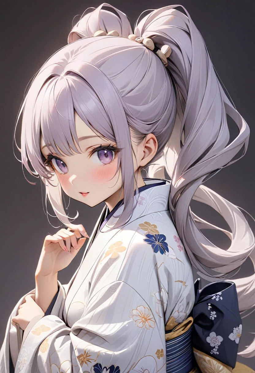 Playful and cute oriental girl with twin ponytails.Light purple gray long hair.Double ponytail hairstyle,Texture、Beautiful white Japanese kimono、,masterpiece,best quality