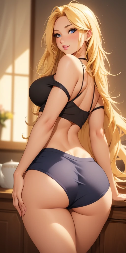 (masterpiece), (portrait), medium breasts (aesthetics), ((1 20 year old girl)), ((long wavy hair)), ((golden yellow punk hair, long fluffy hair)), wavy hair , thin open eyes, blue eyes, cute, feminine, woman, feminine characteristics, high quality, aesthetic clothing, professional angle, (rule of thirds), feminine characteristics, solo, (attractive Korean woman), spring, (ink fog ), (night), (vibrant light), seductive posture, ((flirting looking back))), spaghetti strap blouse, hip Long Off Shoulder Hip Hop Top Short Pleated Skirt ((Energy)), (Bold Makeup), ( Medium Breasts), Tanned Skin, (Hip Hop Clothing Details), (Crop Top with *V* neckline), (Beautiful neckline), beautiful body, beautiful eyes, sparkling eyes, romantic smile, beautiful mouth, beautiful lips, seductive pose from behind (best quality, ultra-detailed, photorealistic: 1.39 ), bright and vibrant colors, studio lighting, romantic expression, seductive, in the living room, cheeky and sexy pert butt, hips tilted forward