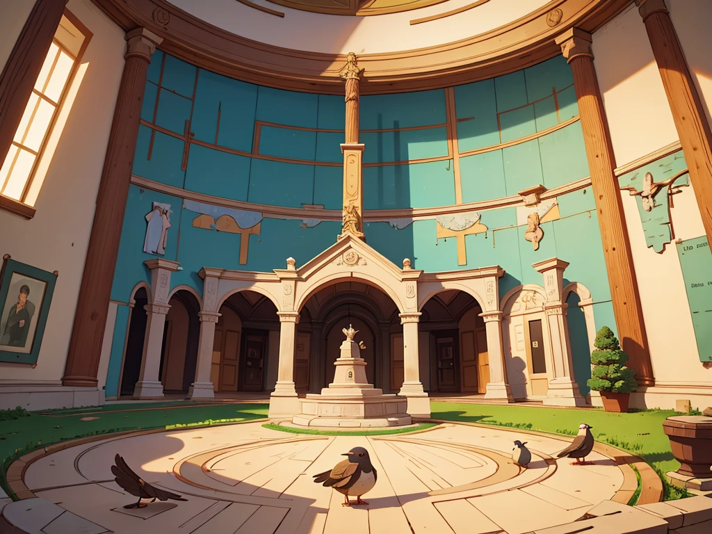 A entire historical museum map in the style of among us, a round room in the middle including a ruby, connected corridors, top down view, 2d game, bird perspective