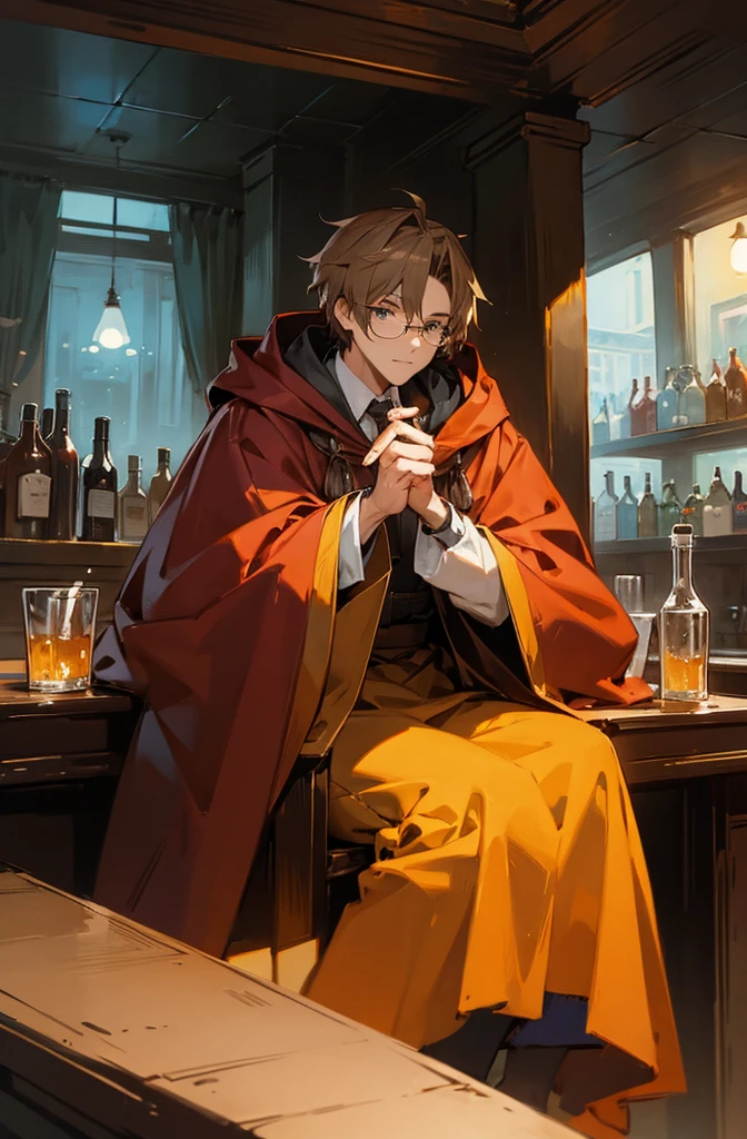 Man in cloak wearing glasses, he is sitting at a bar