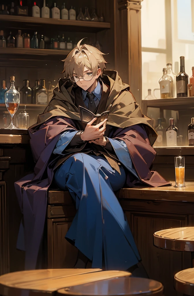 Man in cloak wearing glasses, he is sitting at a bar