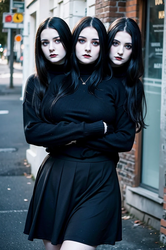 2heads, three headed goth girl, age 19, slightly chubby, black sweater, black skirt, pale skin,