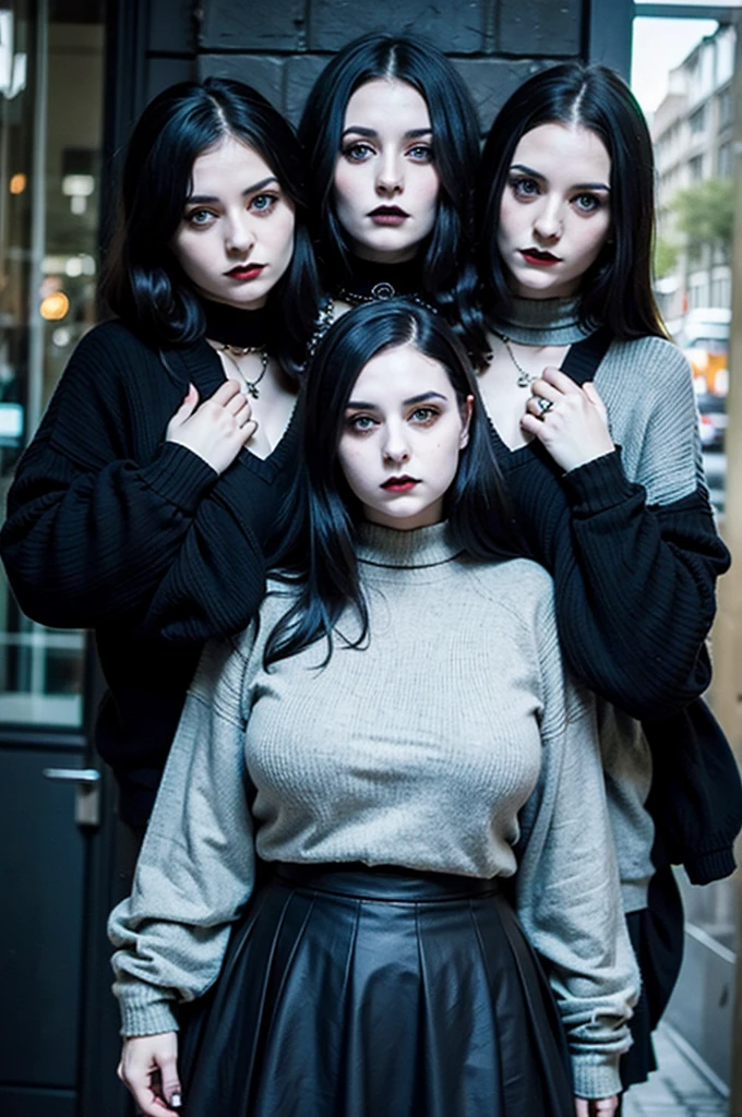 2heads, three headed goth girl, age 19, slightly chubby, black sweater, black skirt, pale skin,