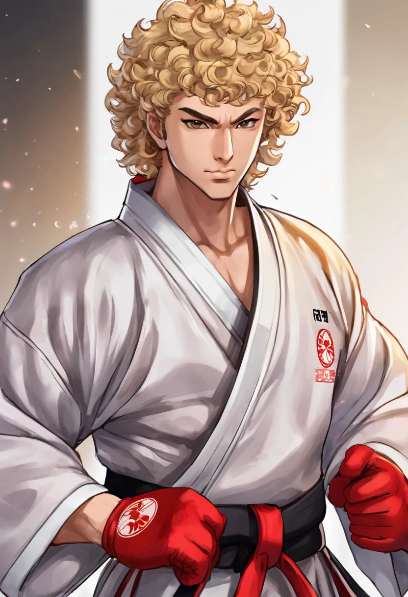 Create a guy with a muscular body,with curly hair,with hair color of a blonde tone, not too dark and not too light, but cut on the sides,eyes match the same hair color,final eyebrow with line,beautiful mouth and delicate nose,with karate kimono and red gloves