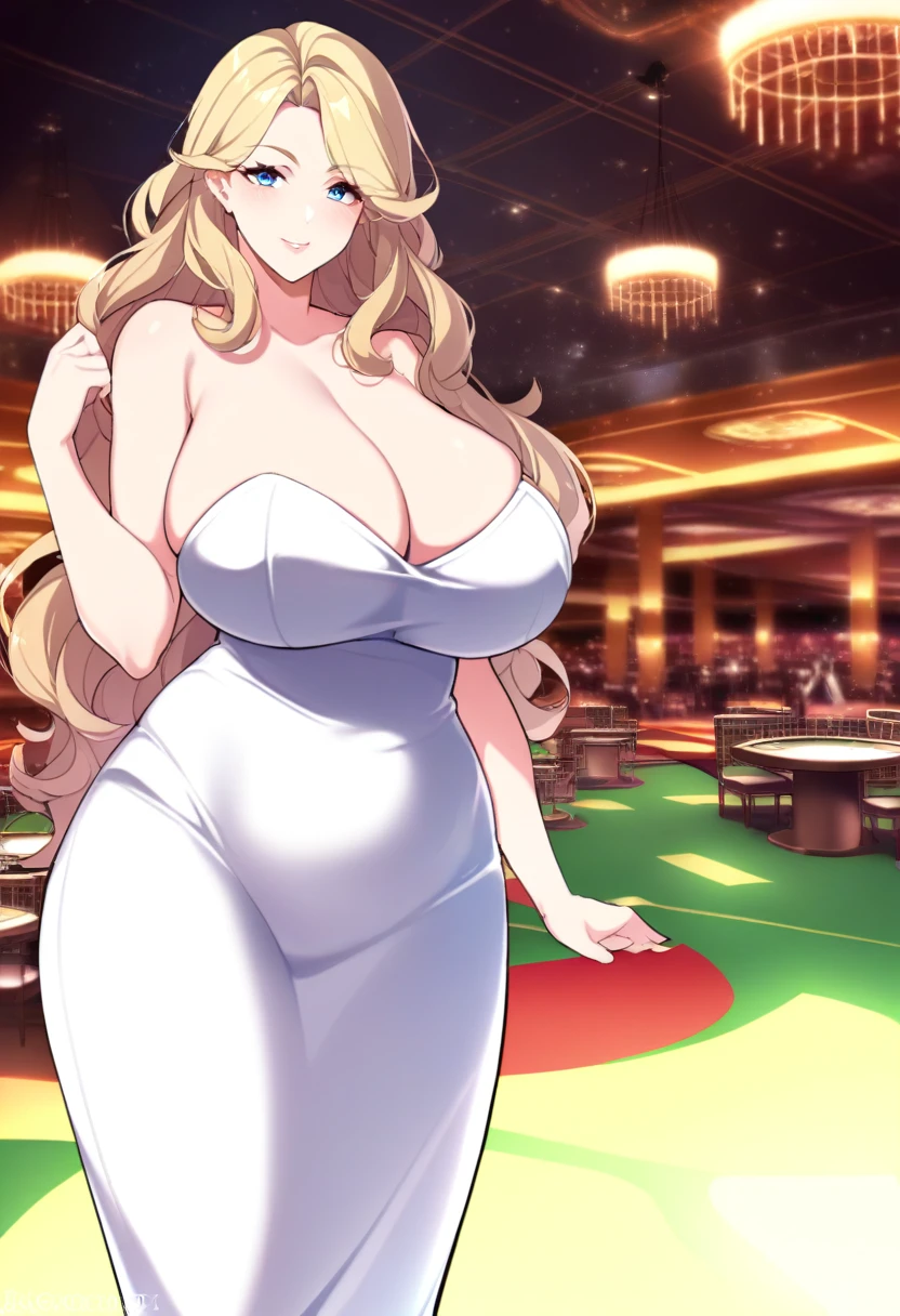 1girl, mature female, milf, motherly, huge breasts, wide hips, curvy, wavy hair, long hair, blonde hair, double-parted bangs, blue eyes, lips, tube dress, strapless, bare shoulders, long dress, white dress, long dress, white high heels, solo, cowboy shot, casino, indoors, standing, looking at viewer, seductive smile