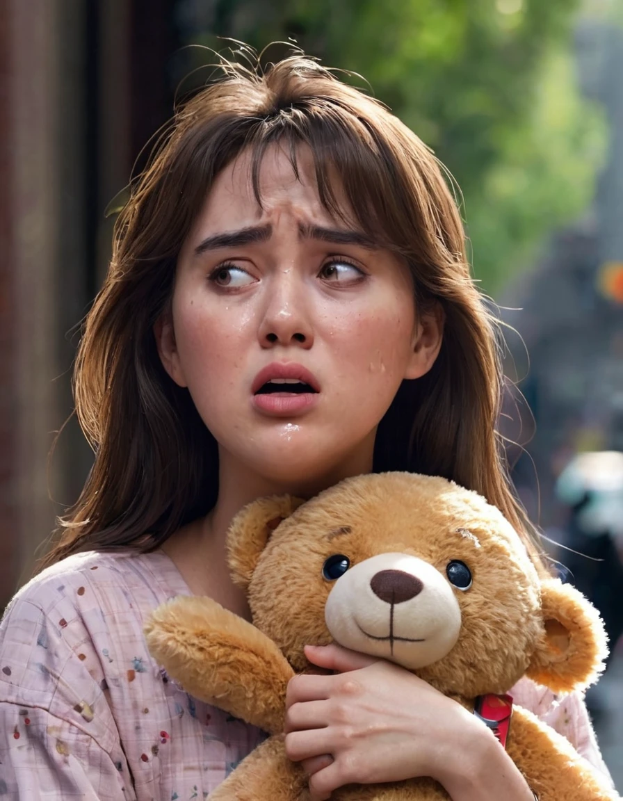 A is mad, she is sobbing, cartoonishly over exaggerated sobbing, puffy cheeks, puffy eyes, tears shooting out like little streams of water, holding her teddy bear, is it rayning, in the street alone