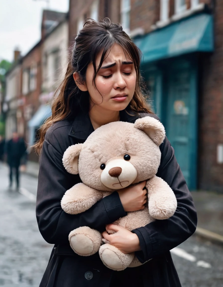 A is mad, she is sobbing, cartoonishly over exaggerated sobbing, puffy cheeks, puffy eyes, tears shooting out like little streams of water, holding her teddy bear, is it rayning, in the street alone