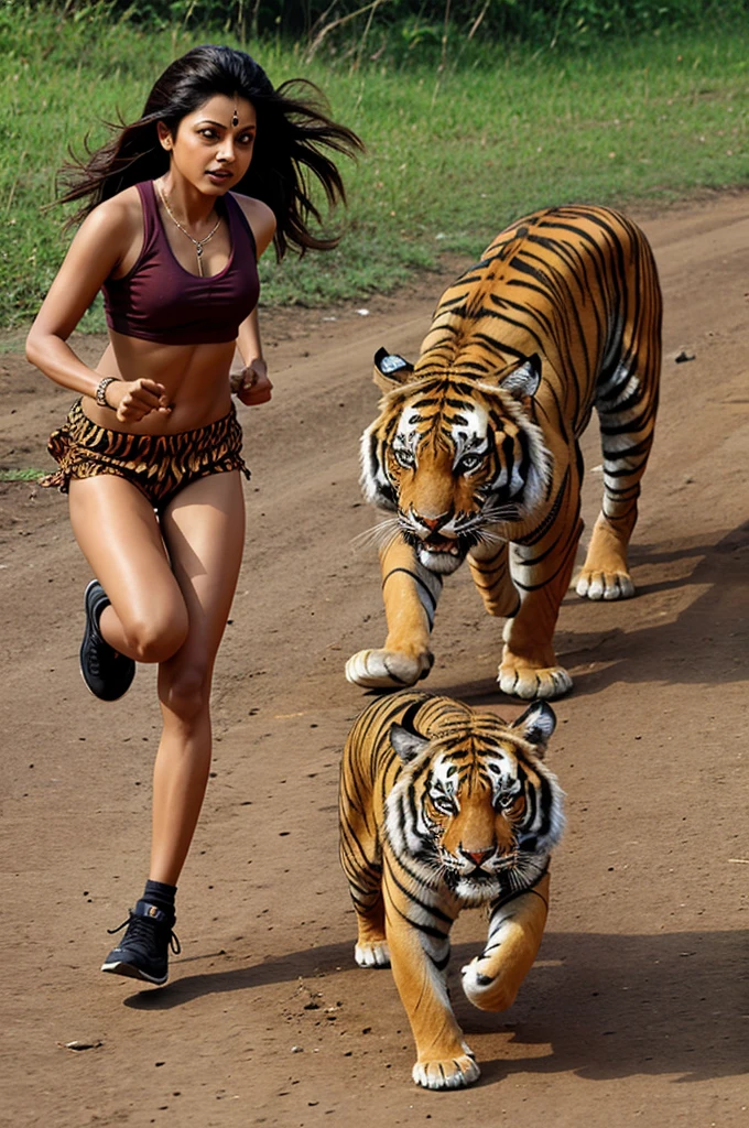 Gauri running towards the tiger to distract it.