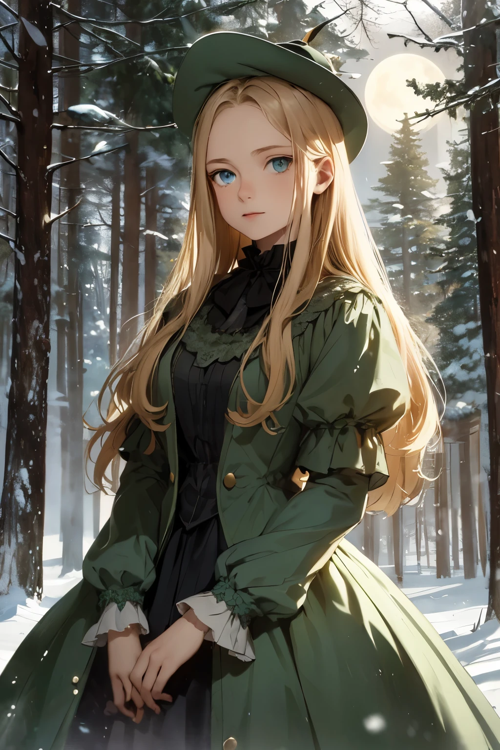 wide angle, detailed reproduction of a forest surrounded by fog up to a height of one meter. clear starry sky with a big full moon, bare trees, winter, two girls, (Virginia Otis,  (blond hair, blue eyes)) pose with (16 years oldald (blond hair, green eyes)). Victorian style. thin, cute face, walks at night in Canterville Castle (inspired by the novel The Canterville Ghost). aged 1887, Victorian fantasy