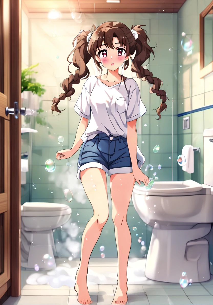 80's anime girl, brown hair with (1Braid),blush,white shirt ,flat body shape, Baggy shorts  ,standing legs spread ,bathroom,steam,bubbles