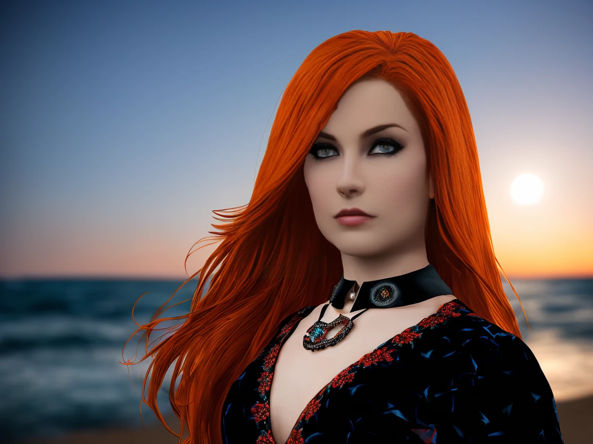 Supermodel's alluring gaze shines bright under the soft glow of moonlight and the direction of a camera's spotlight, as she lays effortlessly on the steps leading down to the ocean's edge. The darkness is illuminated by the subtle beam, accentuating her fiery locks and Louis Vuitton-covered form. The stars twinkle above, mirroring the diamonds on her necklace. A stunning night shoot captures this ravishing redhead in all her glory. (night time background:1.3), rayneclassic