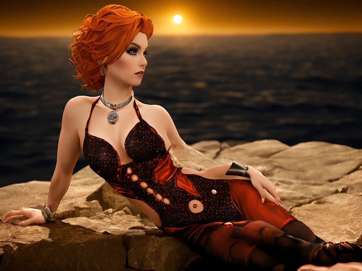 Supermodel's alluring gaze shines bright under the soft glow of moonlight and the direction of a camera's spotlight, as she lays effortlessly on the steps leading down to the ocean's edge. The darkness is illuminated by the subtle beam, accentuating her fiery locks and Louis Vuitton-covered form. The stars twinkle above, mirroring the diamonds on her necklace. A stunning night shoot captures this ravishing redhead in all her glory. (night time background:1.3), rayneclassic