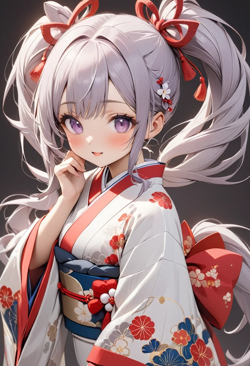 Playful and cute oriental girl with twin ponytails.Light purple gray long hair.Double ponytail hairstyle,Texture、Beautiful white Japanese kimono、,masterpiece,best quality